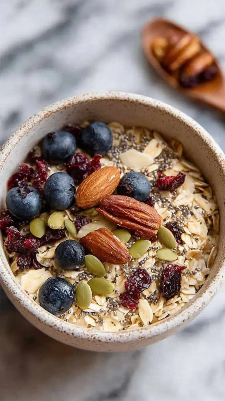 A glass jar filled with high protein muesli showing layers of oats, seeds, and dried cranberries