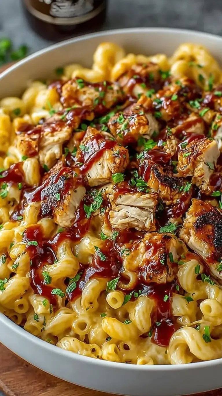 A bowl of creamy high protein BBQ chicken mac and cheese with golden sauce and juicy chicken pieces.