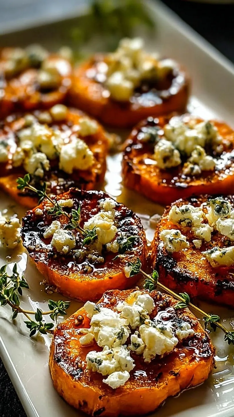 Roasted sweet potato rounds topped with whipped feta, honey, and fresh thyme on a wooden serving board.