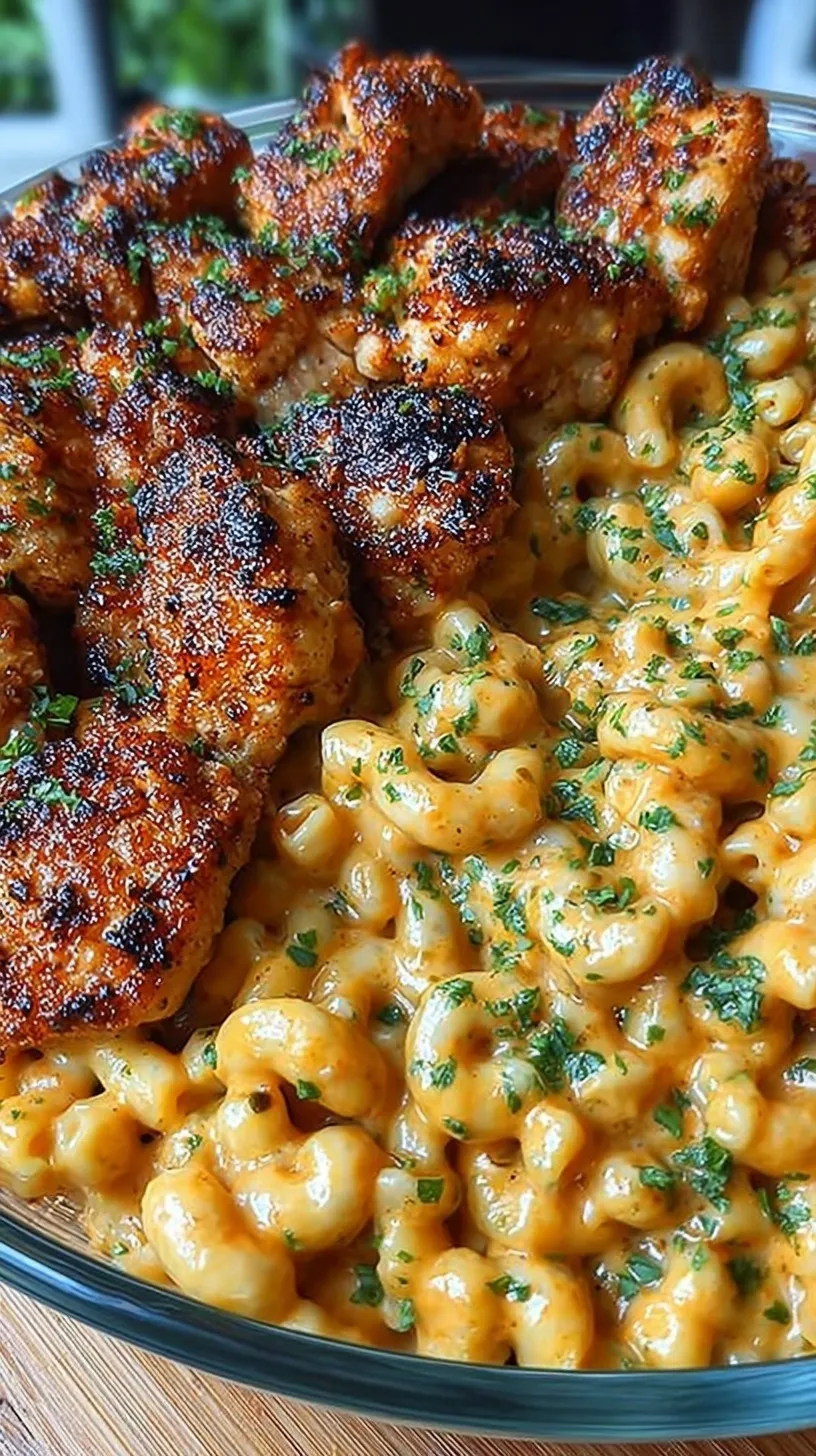 A bowl of creamy chickpea mac and cheese topped with sticky honey garlic chicken cubes and fresh herbs.