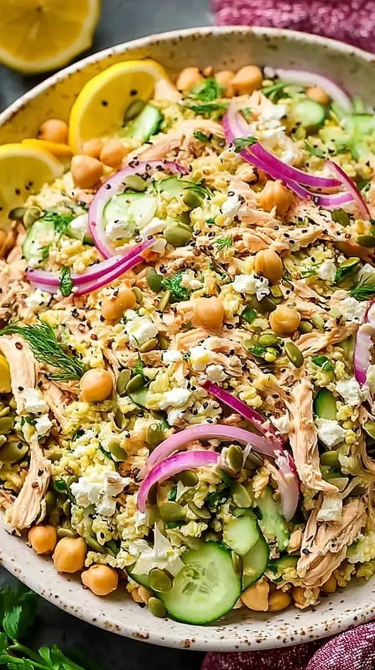 A colorful bowl of high protein Jennifer Aniston salad with chicken, chickpeas, cucumber, and feta.