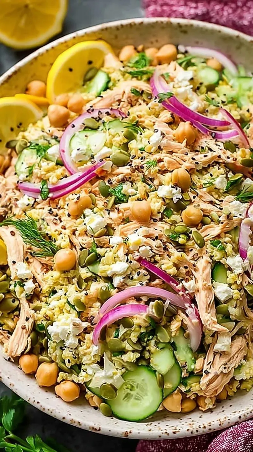 A colorful bowl of high protein Jennifer Aniston salad with chicken, chickpeas, cucumber, and feta.