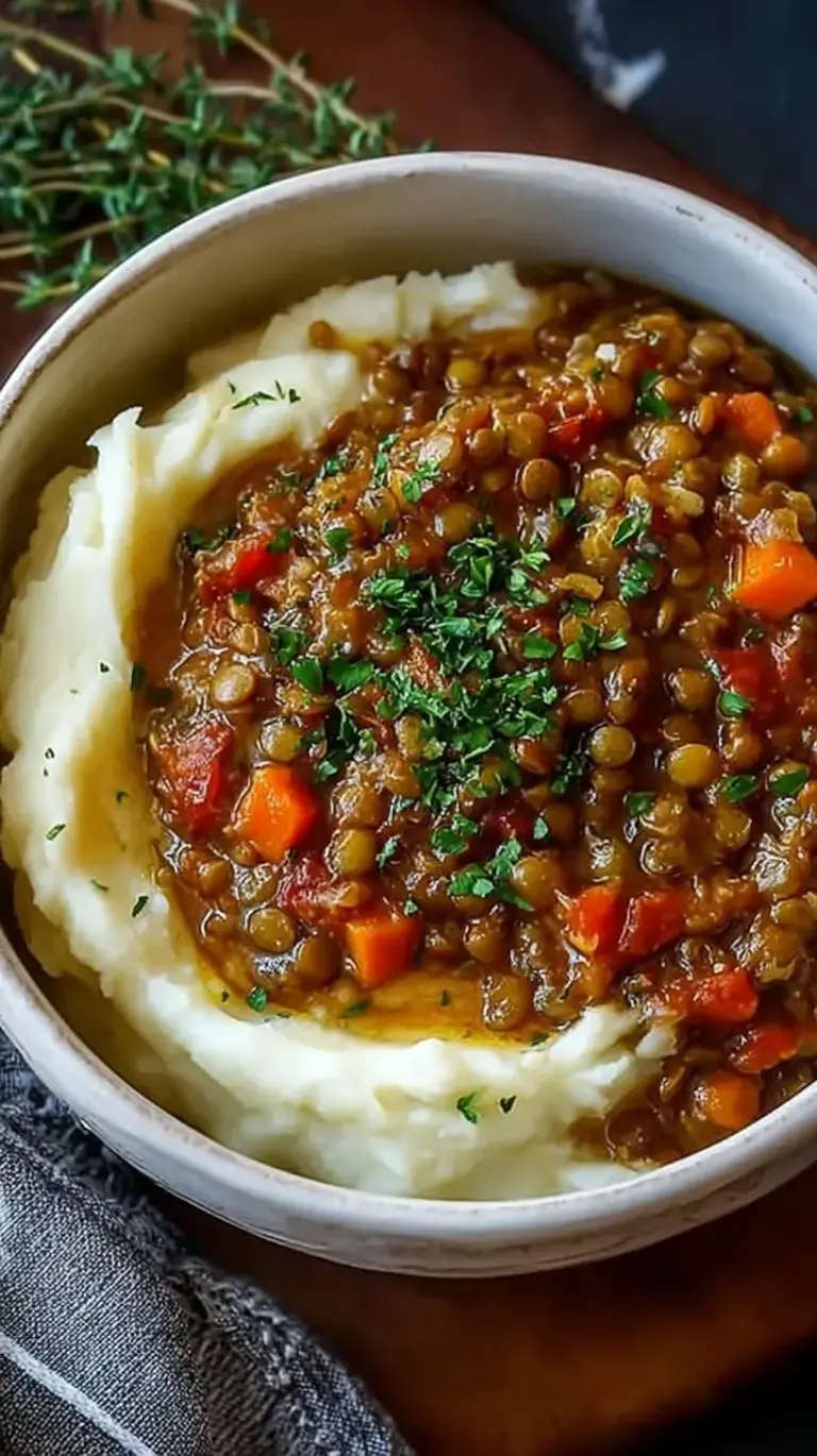 A white bowl filled with creamy mashed potatoes topped with a thick, savory brown lentil stew and fresh herbs.