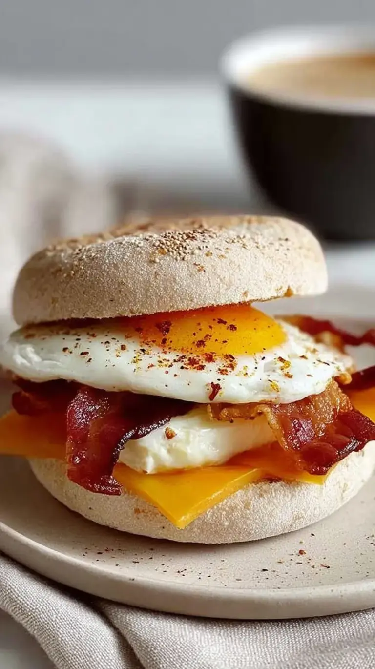 A toasted whole grain English muffin stacked with fluffy egg whites, melted cheese, fresh spinach, and Canadian bacon.