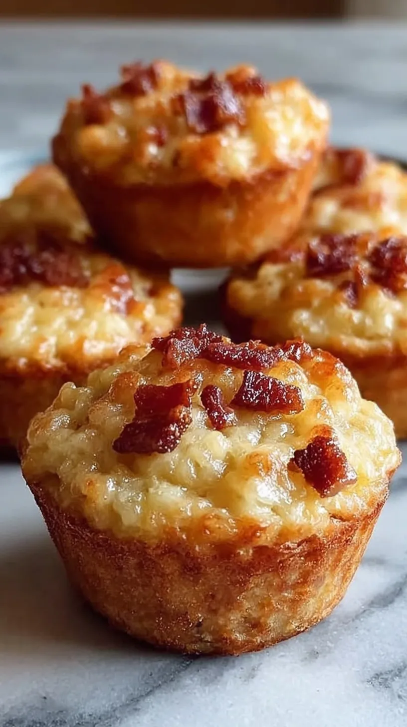 A stack of golden brown pancake muffins topped with crispy bacon bits and a drizzle of maple syrup.