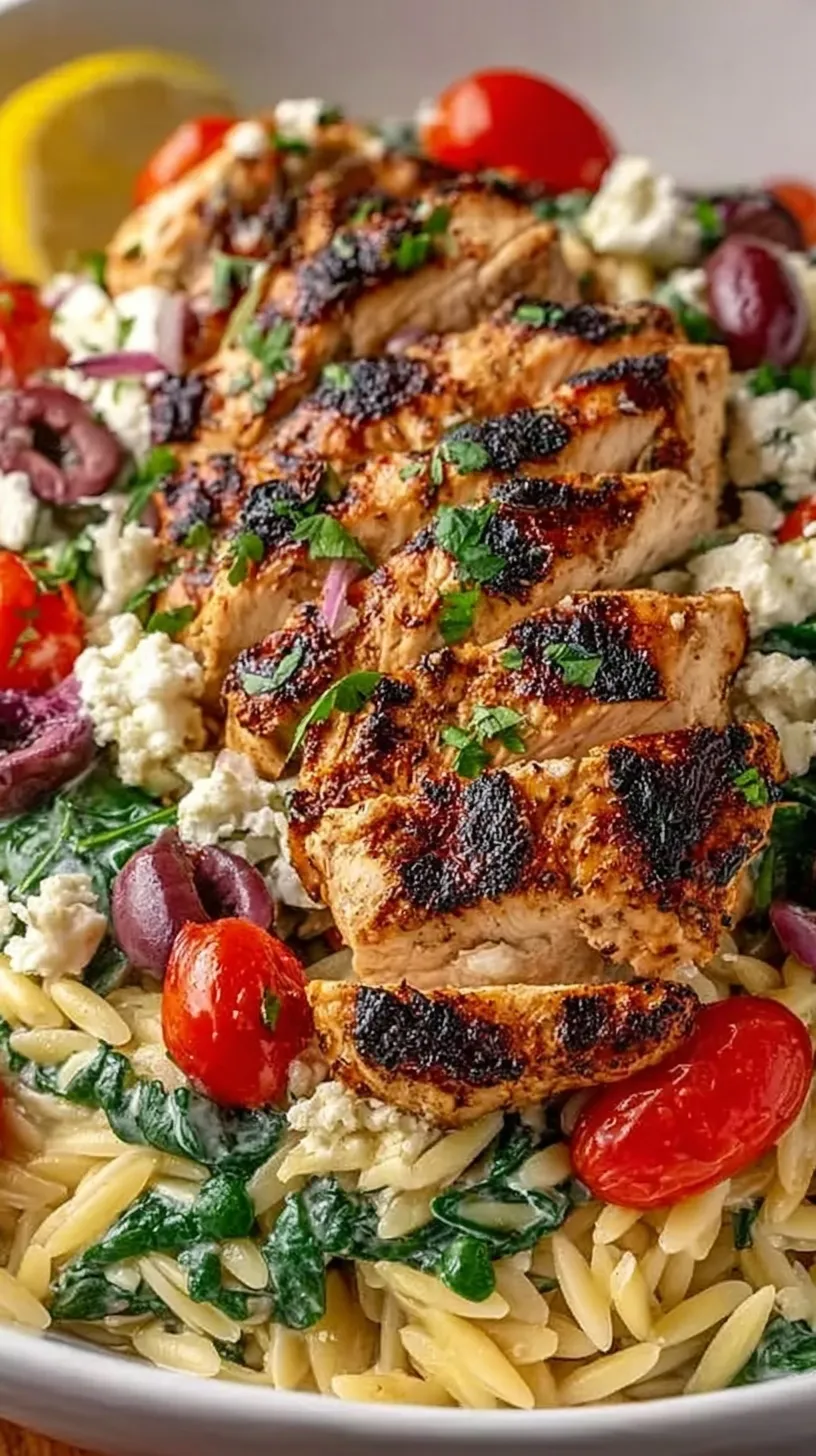 A vibrant skillet of Mediterranean chicken orzo with spinach, cherry tomatoes, and feta cheese.