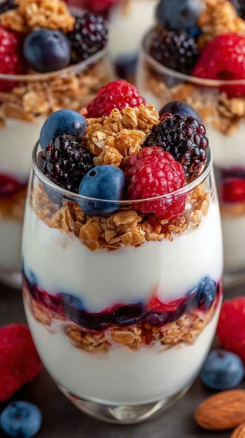 Two glass jars filled with layers of creamy Greek yogurt, vibrant strawberries, blueberries, and crunchy granola.