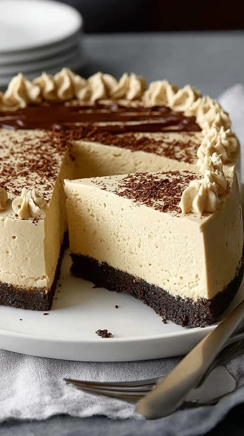 A slice of chilled coffee cheesecake on a plate with a graham cracker crust.