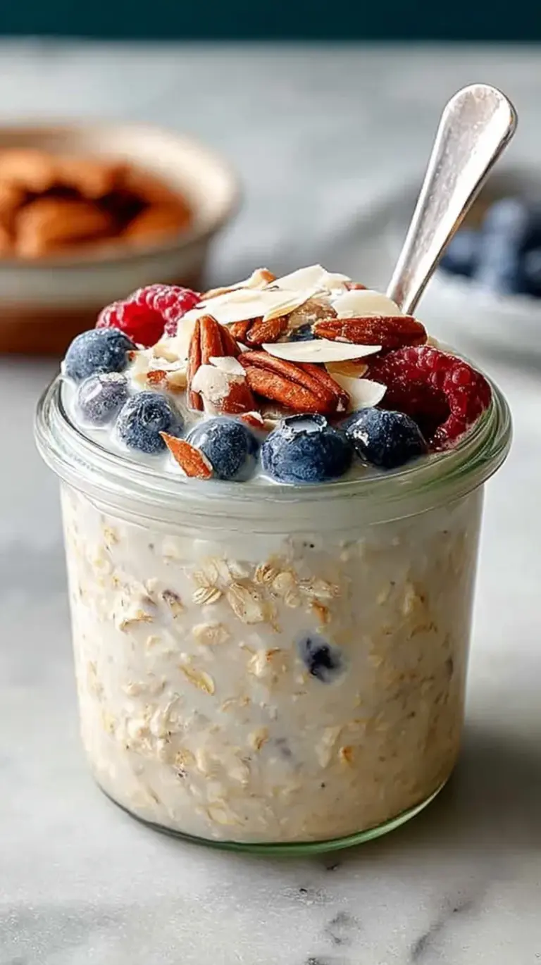 A mason jar filled with creamy overnight oats topped with fresh berries and nuts.