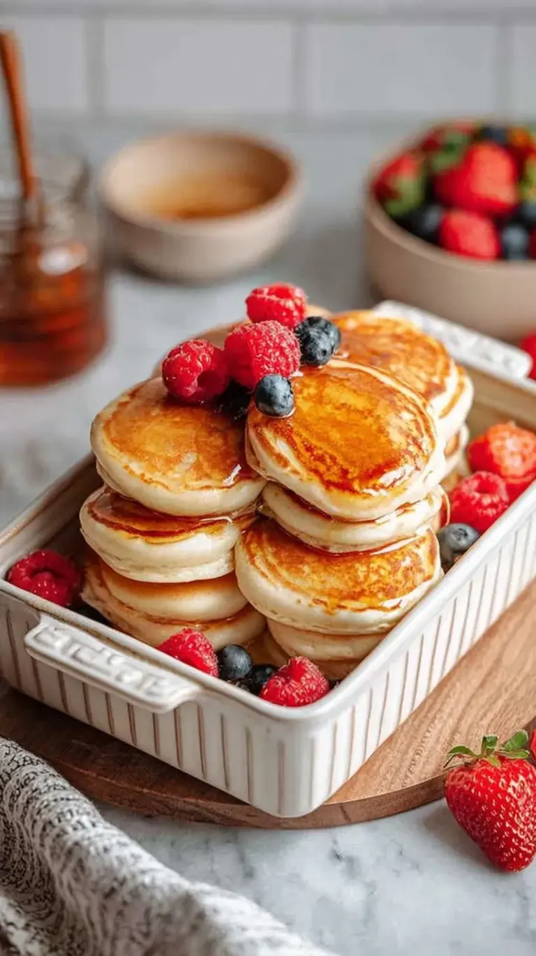 A stack of golden brown high protein pancakes topped with fresh berries and a drizzle of syrup.