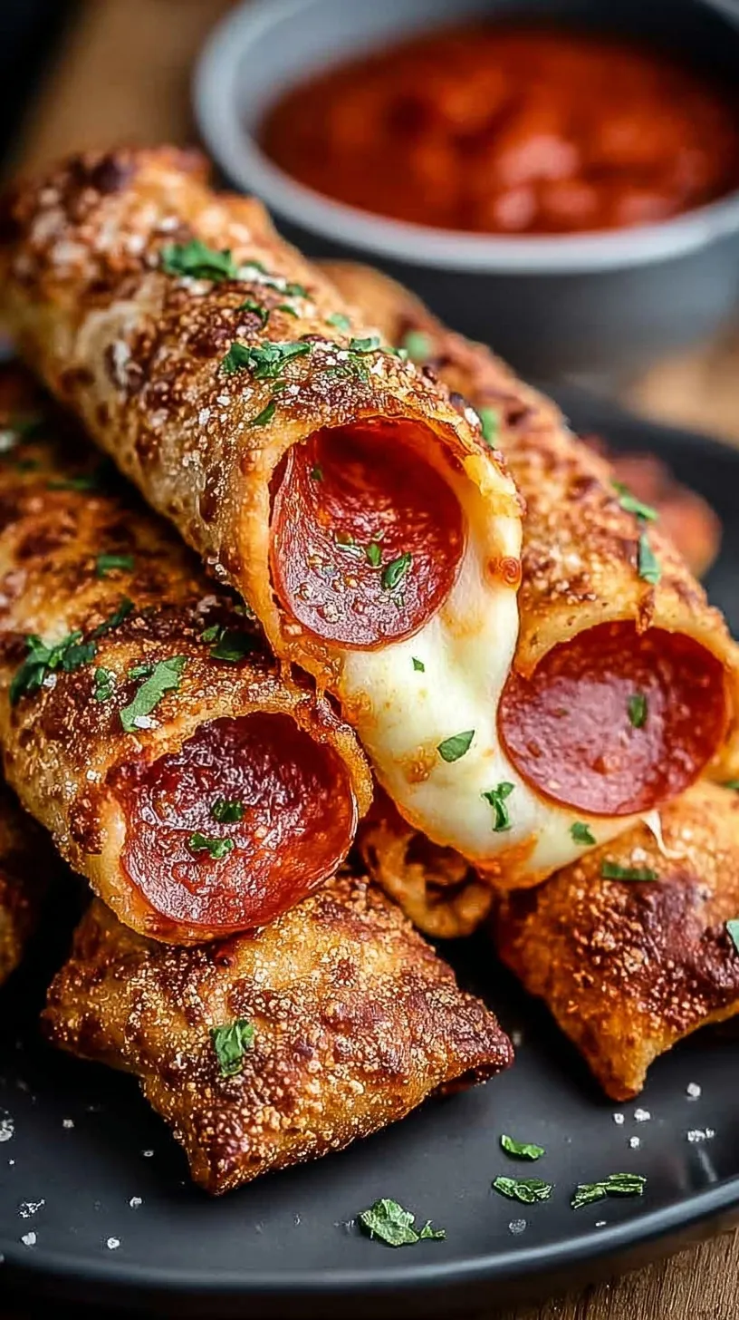 Golden brown high protein pizza rolls filled with melted cheese and turkey pepperoni on a baking sheet.