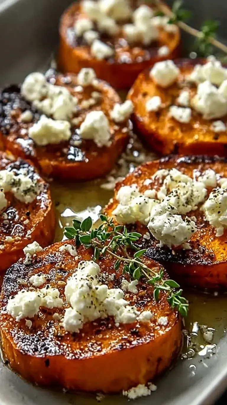 Golden roasted sweet potato rounds topped with white whipped feta, honey drizzle, and crushed walnuts.