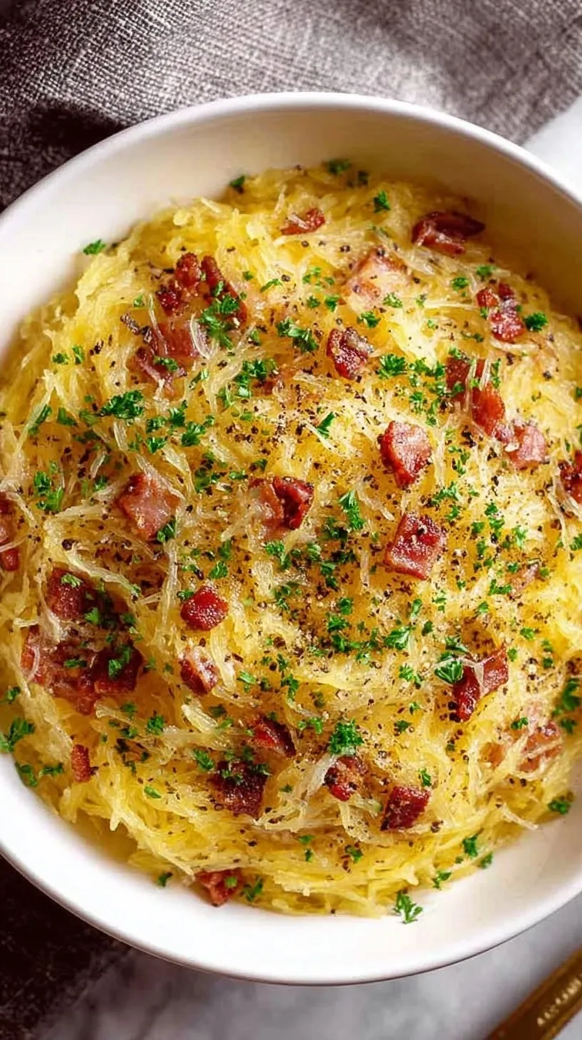 A close-up of creamy spaghetti squash carbonara topped with crispy guanciale and cracked black pepper.