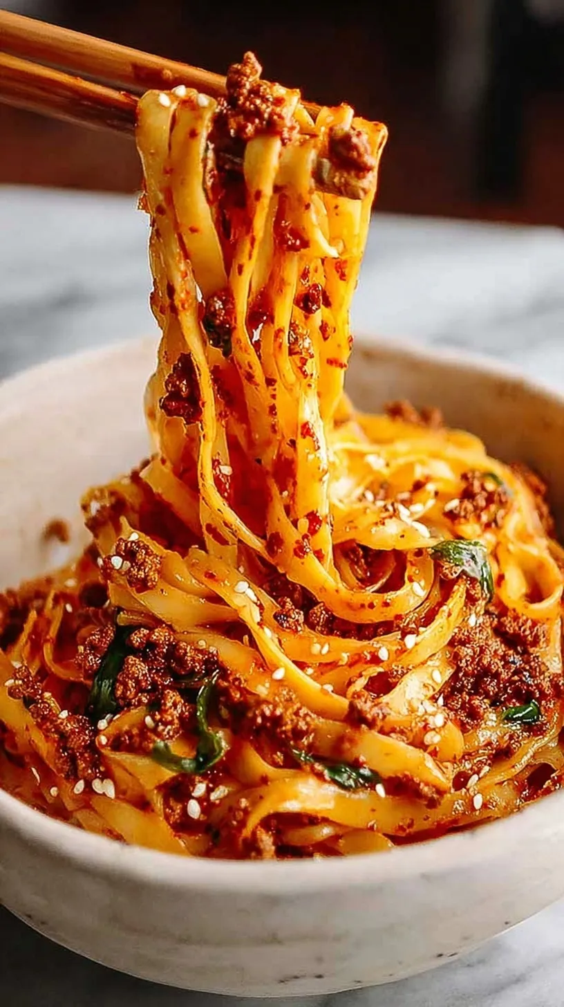 A bowl of glossy, red Spicy Gochujang Noodles with chicken and green onions.