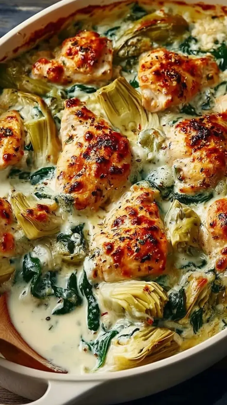 A bubbly golden-brown high protein chicken casserole with spinach and artichokes in a glass baking dish.