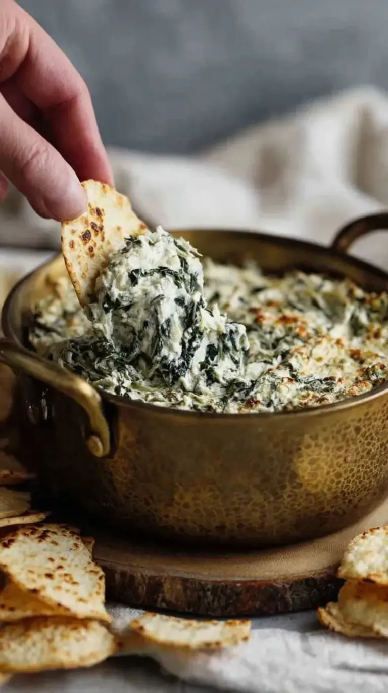 A bubbling dish of golden-brown high protein spinach artichoke dip with fresh vegetables for dipping.