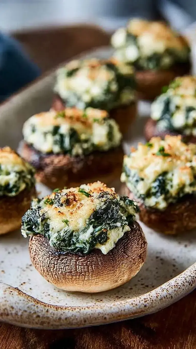 A tray of golden brown stuffed mushrooms filled with creamy spinach dip and melted cheese.