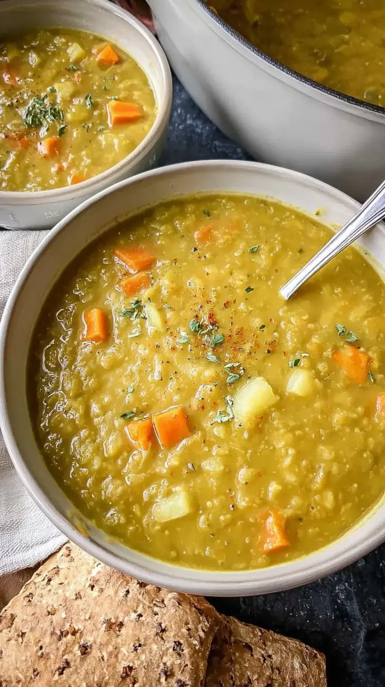 A steaming bowl of thick green split pea soup topped with shredded turkey and fresh black pepper.