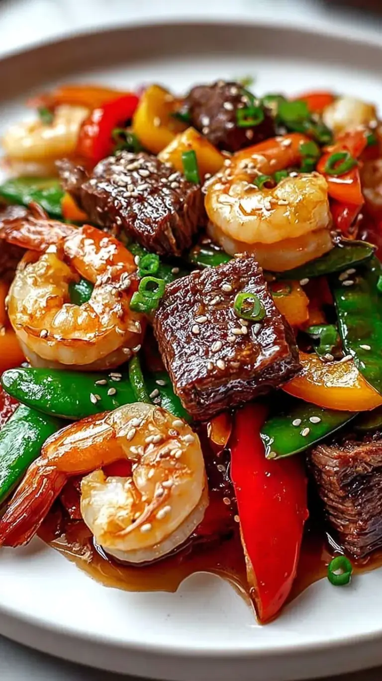 A colorful high protein steak and shrimp stir fry with broccoli and peppers in a wok