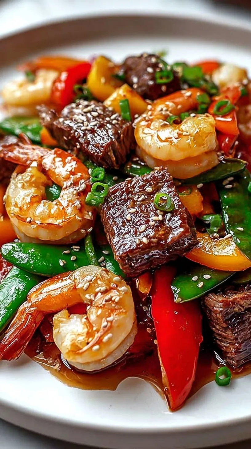 A colorful high protein steak and shrimp stir fry with broccoli and peppers in a wok