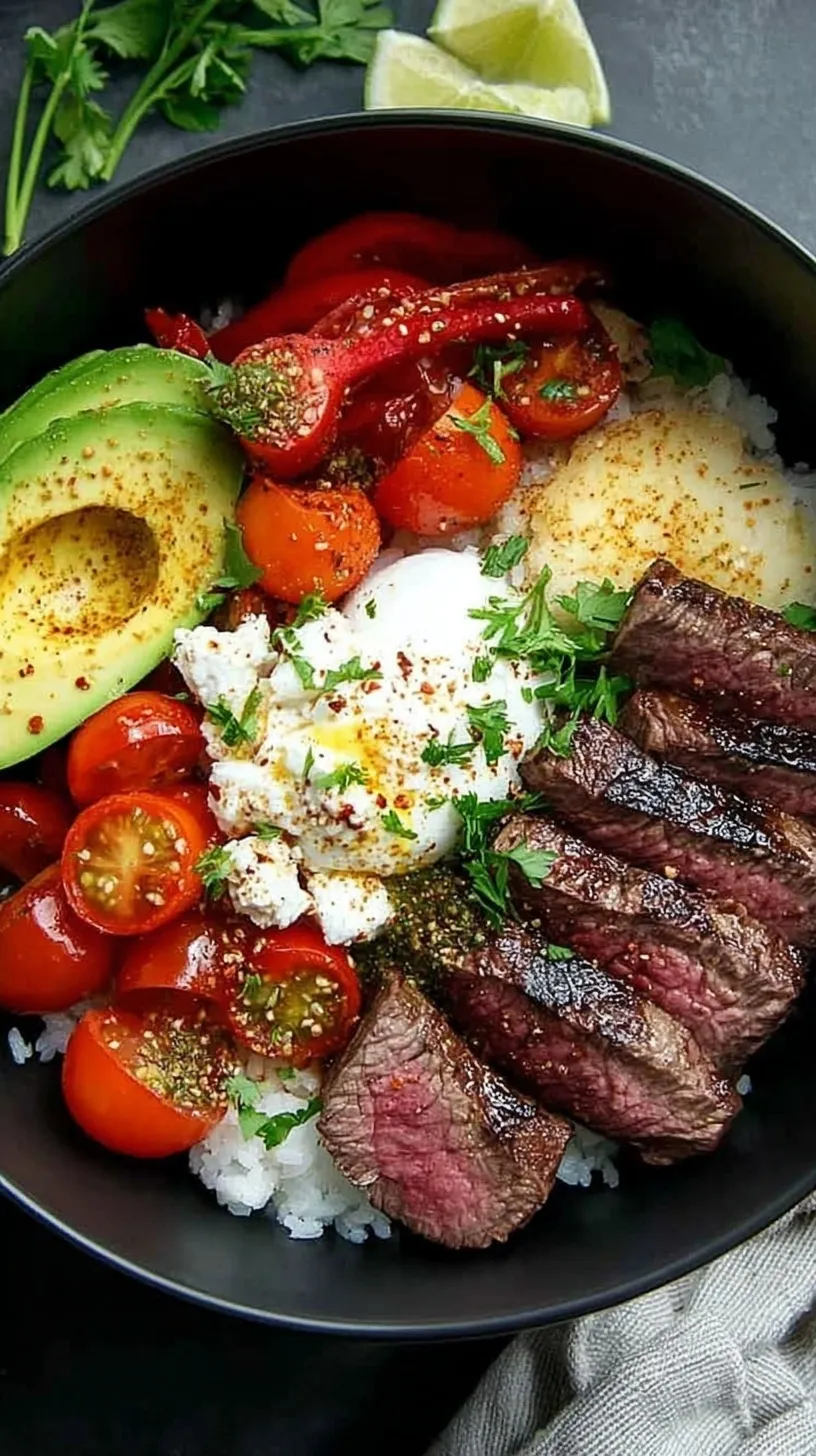 A colorful steak fajita bowl with charred peppers and avocado over cilantro lime cauliflower rice
