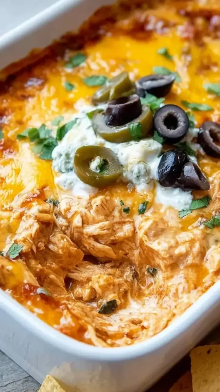 A creamy bowl of taco chicken cottage cheese dip topped with melted cheddar cheese, fresh cilantro, and green onions.