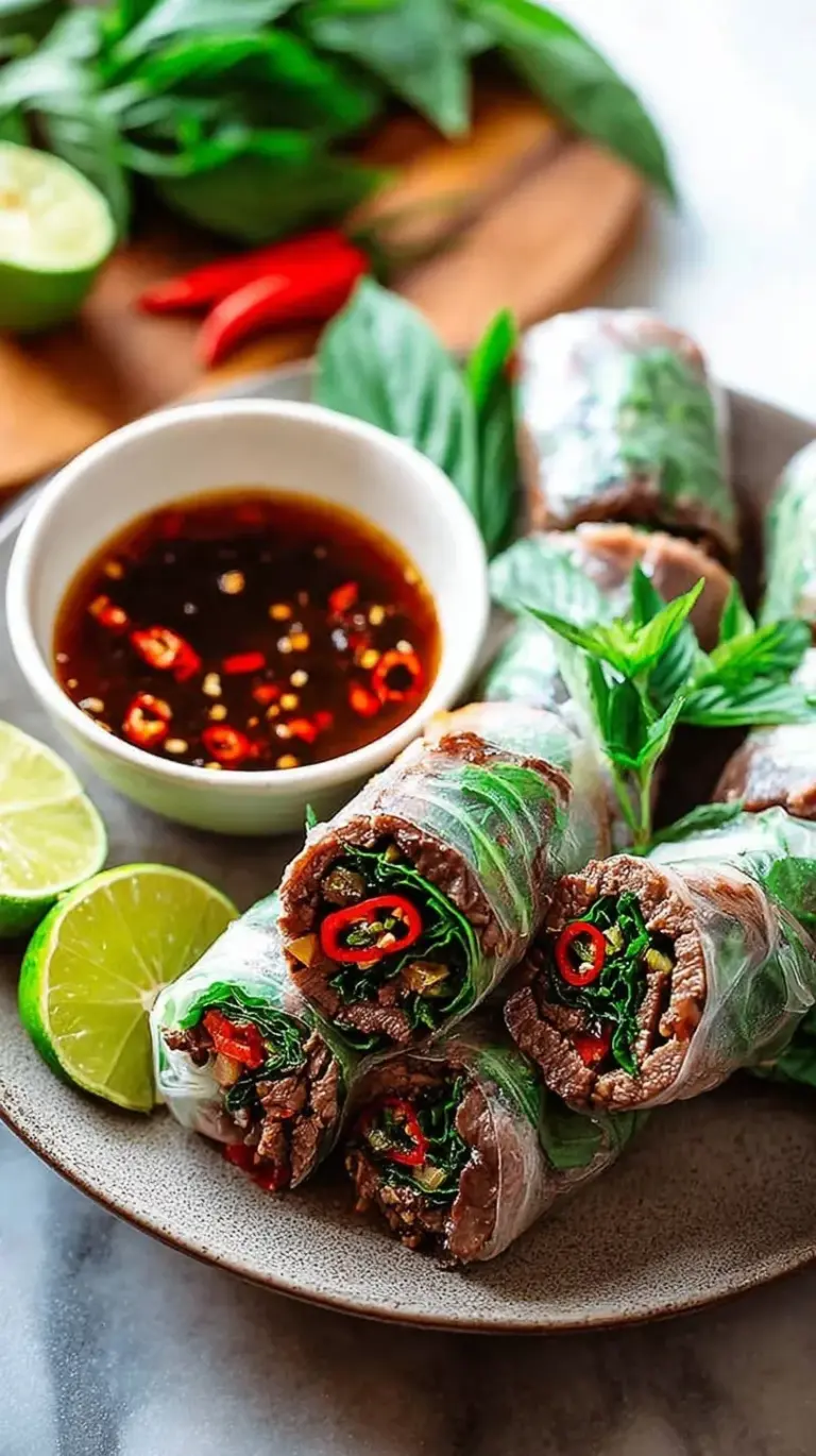 Fresh Thai Basil Beef Rolls served in crisp butter lettuce leaves with lime wedges