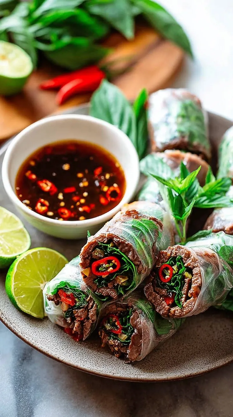 Fresh Thai Basil Beef Rolls served in crisp butter lettuce leaves with lime wedges