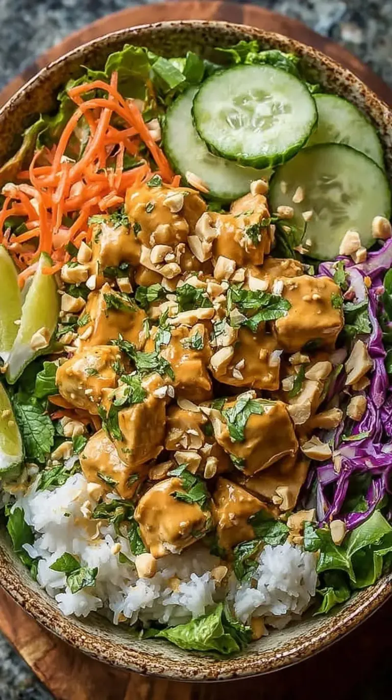 A vibrant meal prep bowl with seared chicken, green broccoli, brown rice, and creamy peanut sauce drizzle.