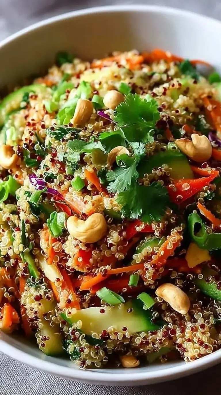A colorful bowl of Thai Quinoa Crunch Salad with purple cabbage, orange carrots, and green edamame topped with crushed peanuts.