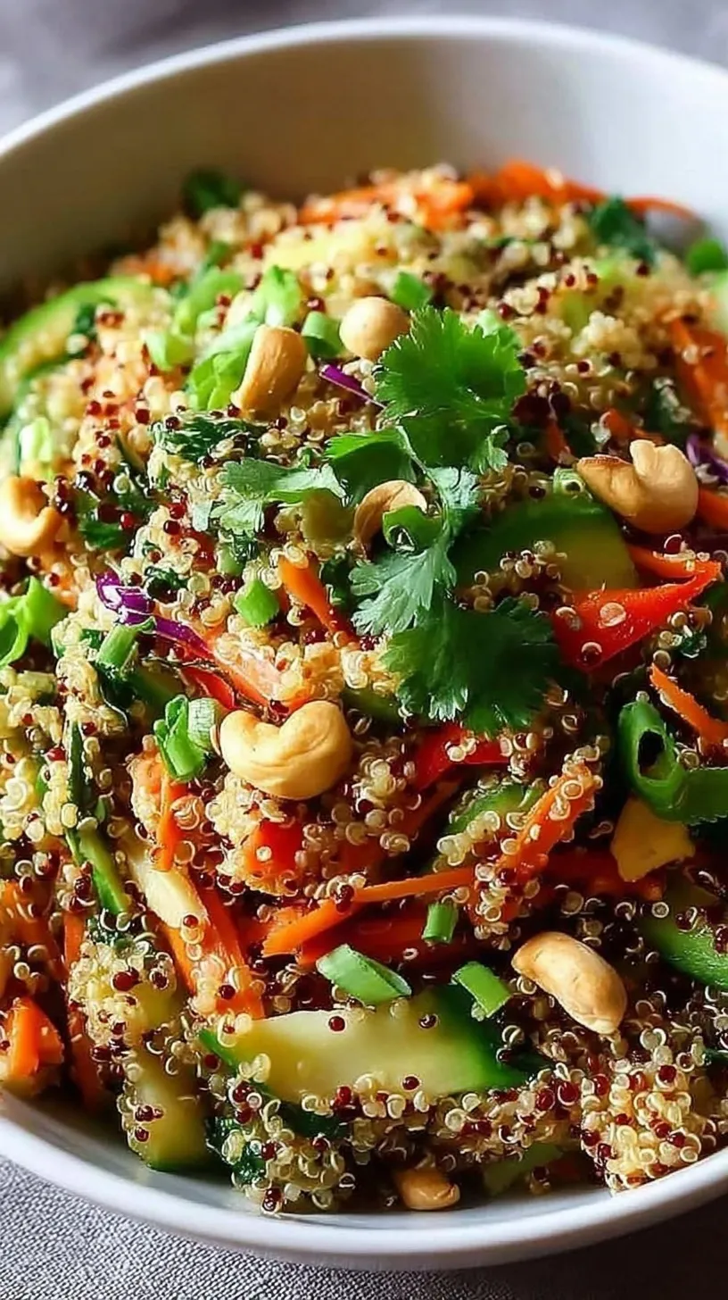 A colorful bowl of Thai Quinoa Crunch Salad with purple cabbage, orange carrots, and green edamame topped with crushed peanuts.