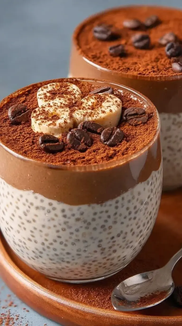 Layered High Protein Tiramisu Chia Pudding in glass jars topped with cocoa powder