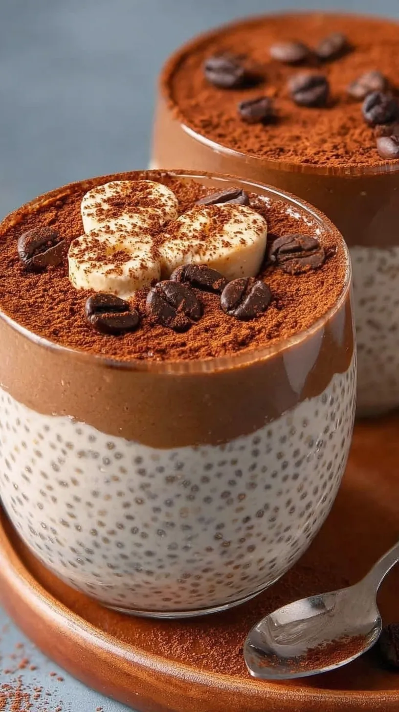 Layered High Protein Tiramisu Chia Pudding in glass jars topped with cocoa powder