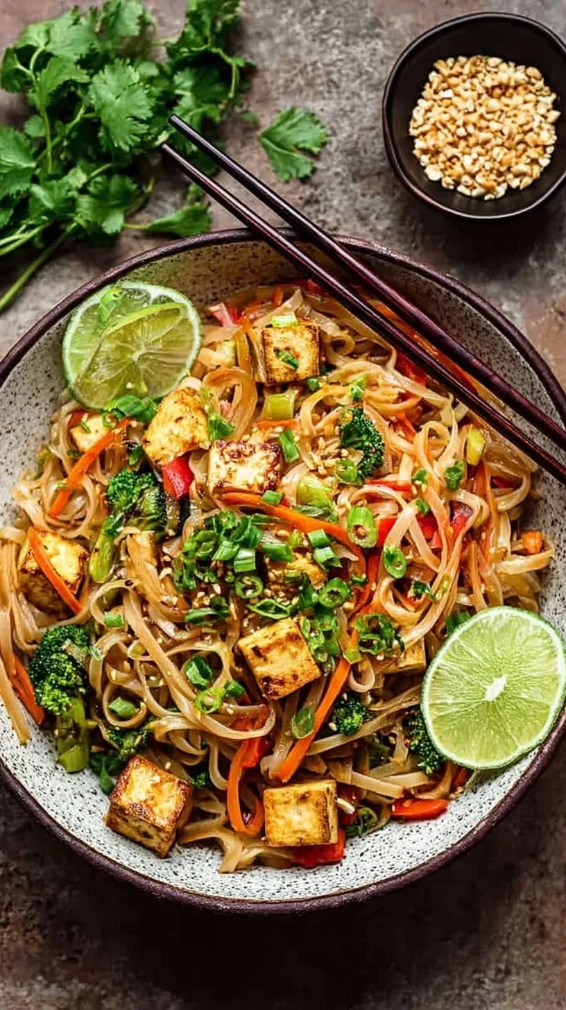 A vibrant bowl of High Protein Tofu Pad Thai with crushed peanuts, fresh cilantro, and lime wedges