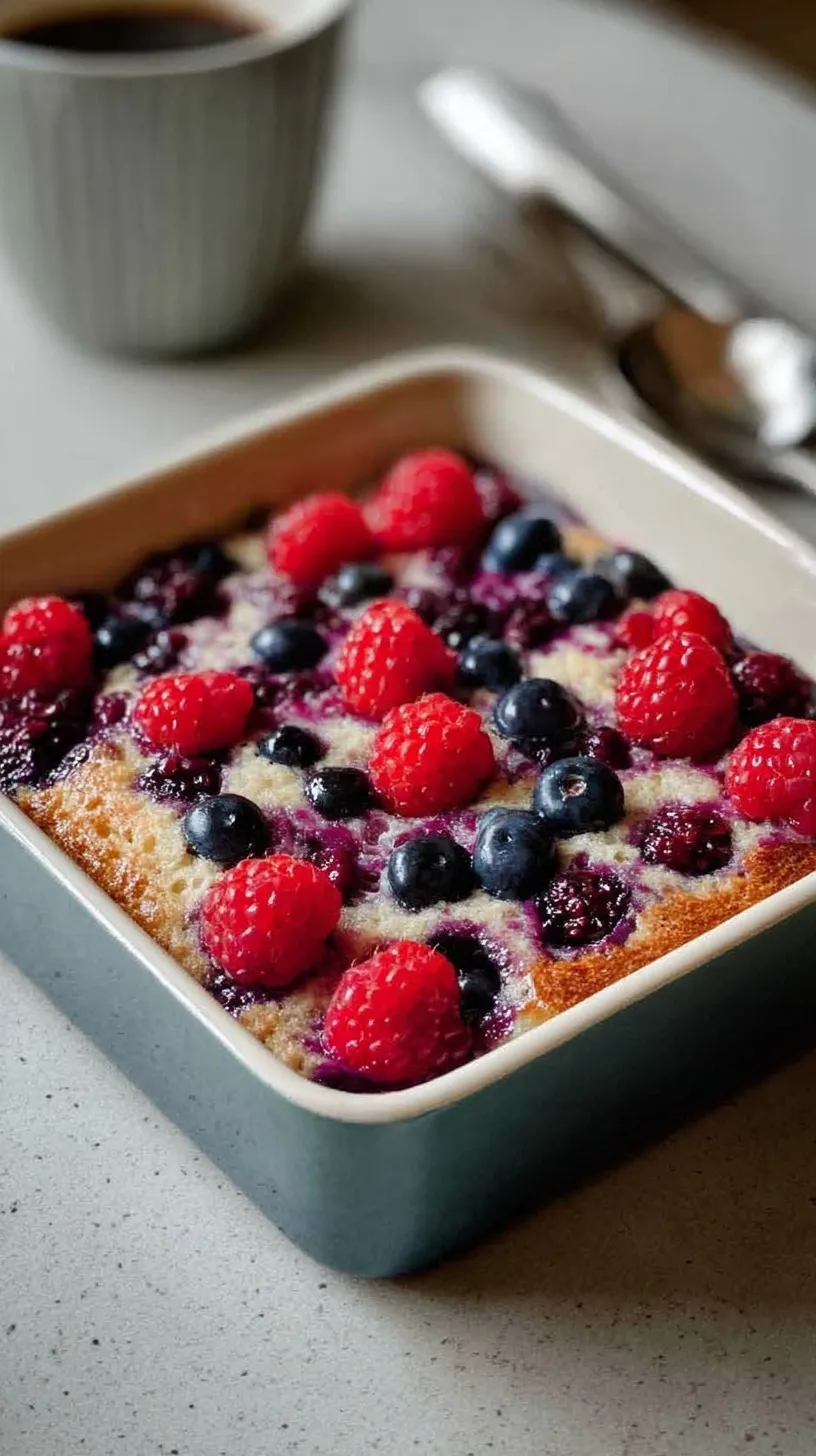 A golden baked oatmeal dish filled with vibrant blueberries, raspberries, and blackberries in a white baking pan.