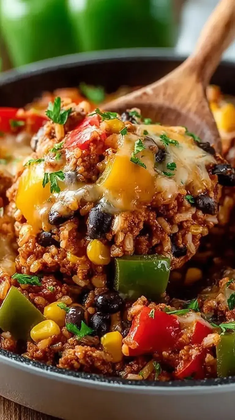 A skillet of colorful deconstructed stuffed peppers with melted cheese and rice.