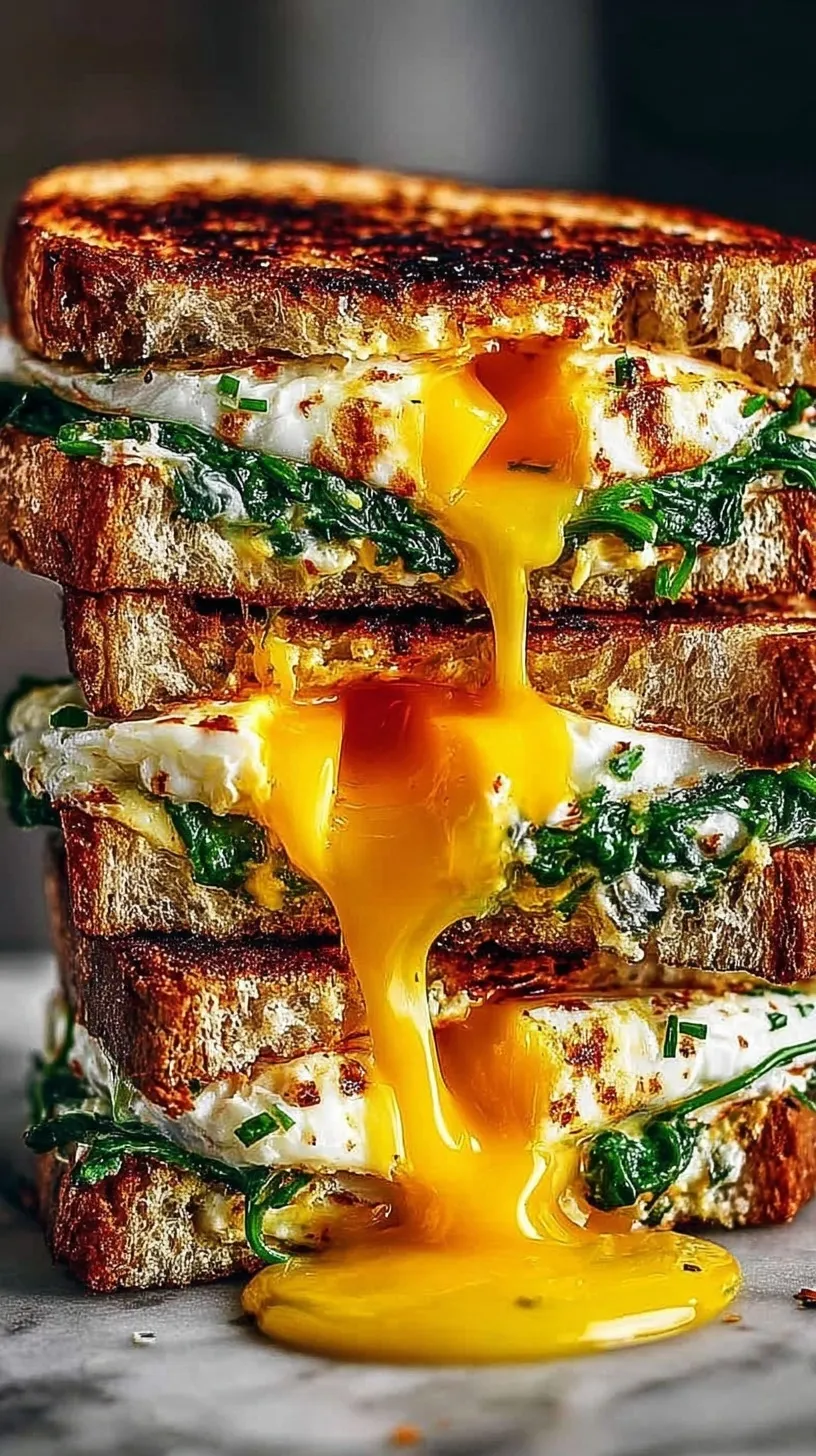 Four golden egg and spinach breakfast sandwiches on whole grain muffins with melted cheddar cheese.