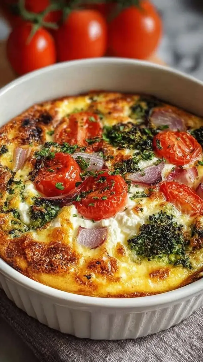 A golden brown high-protein veggie bake sliced into squares in a white baking dish.