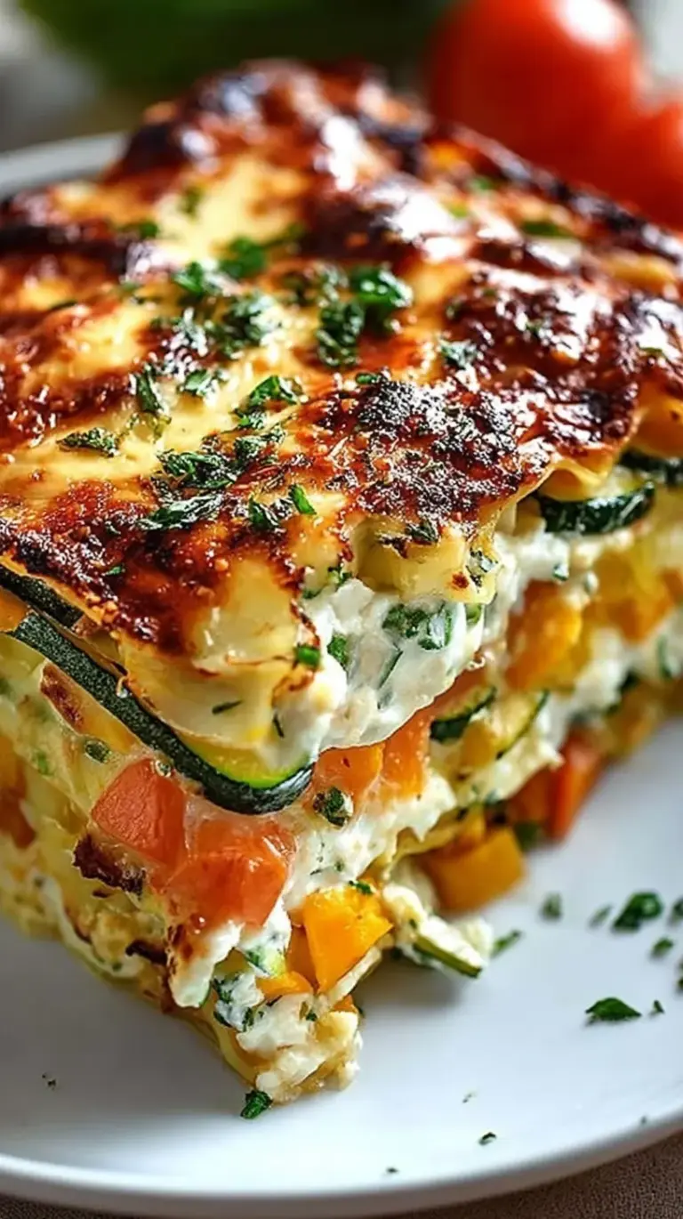 A golden, bubbly slice of high protein veggie lasagna on a white plate with fresh herbs.