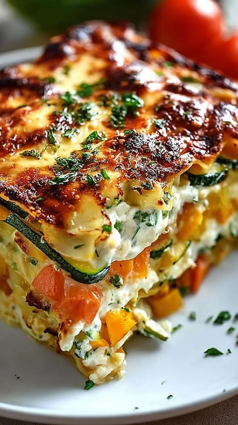 A golden, bubbly slice of high protein veggie lasagna on a white plate with fresh herbs.