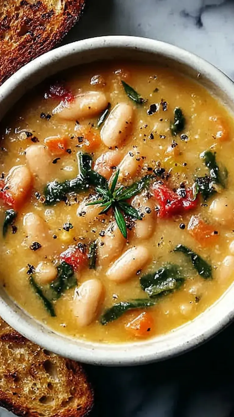 A steaming bowl of white bean soup with kale and turkey sausage