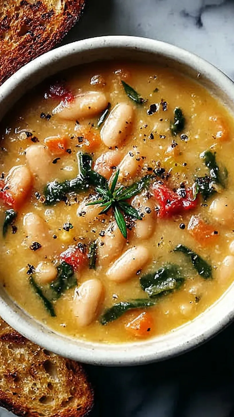 A steaming bowl of white bean soup with kale and turkey sausage