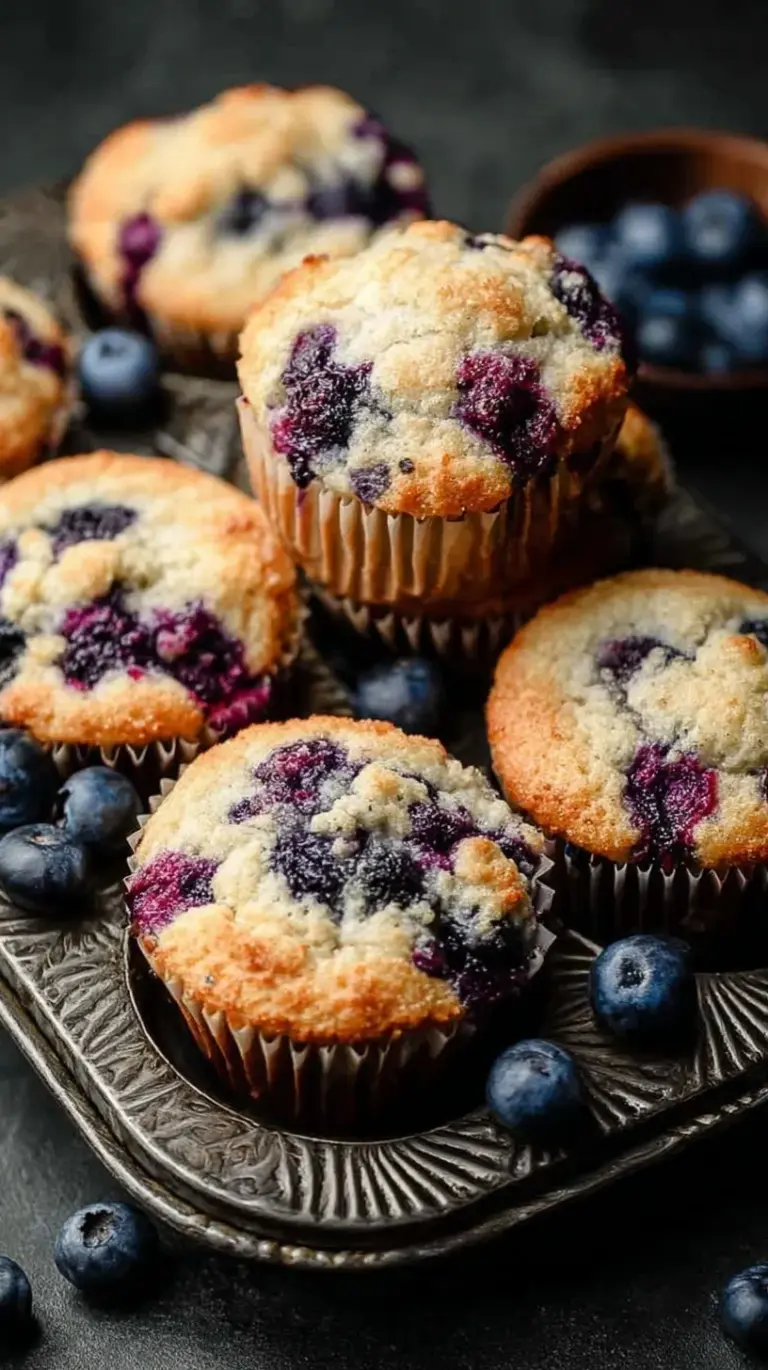 A stack of fresh blueberry protein muffins on a wire cooling rack