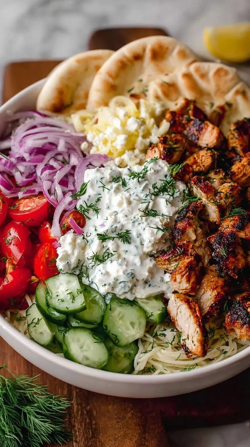 A colorful Homemade Chicken Gyro Bowl with grilled chicken, tomatoes, cucumber, feta, and tzatziki over white rice.
