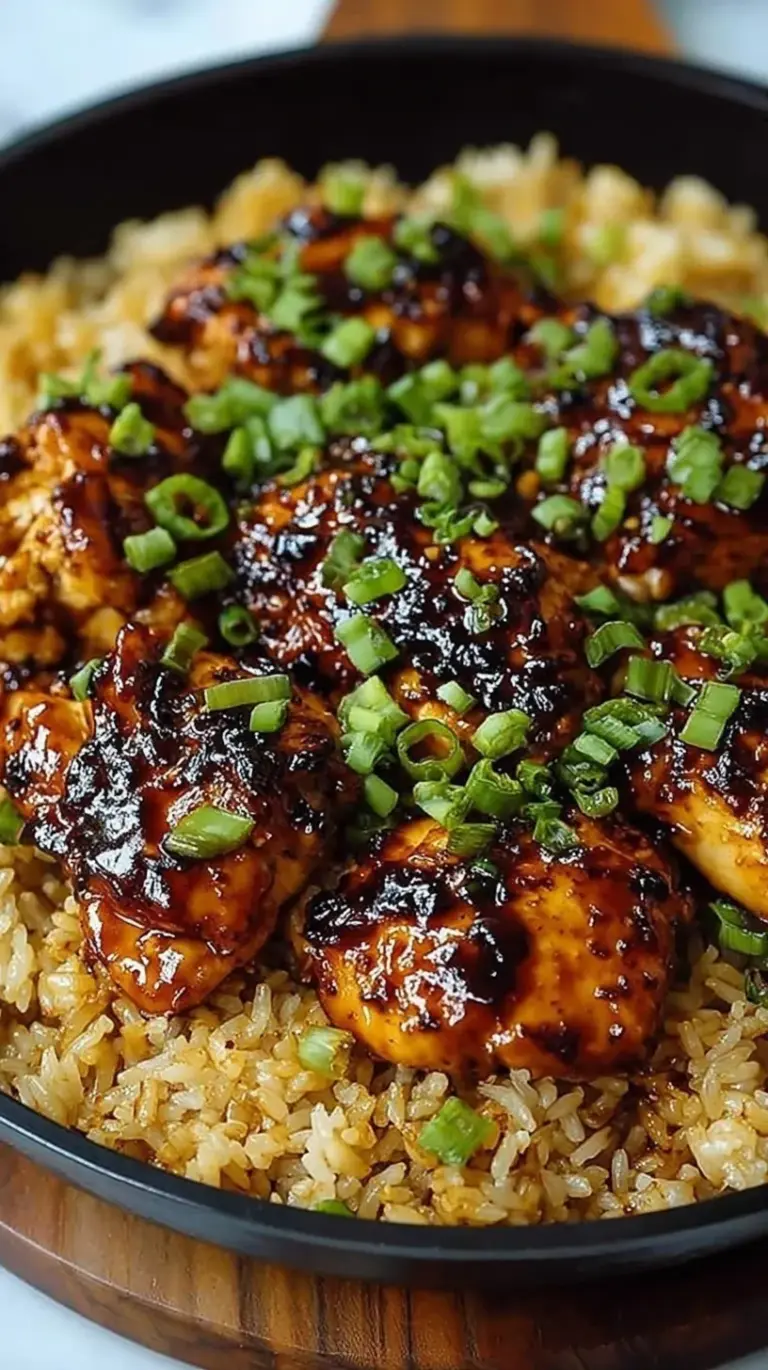 A bowl of glazed Honey BBQ chicken served over white rice with green onions and sesame seeds.
