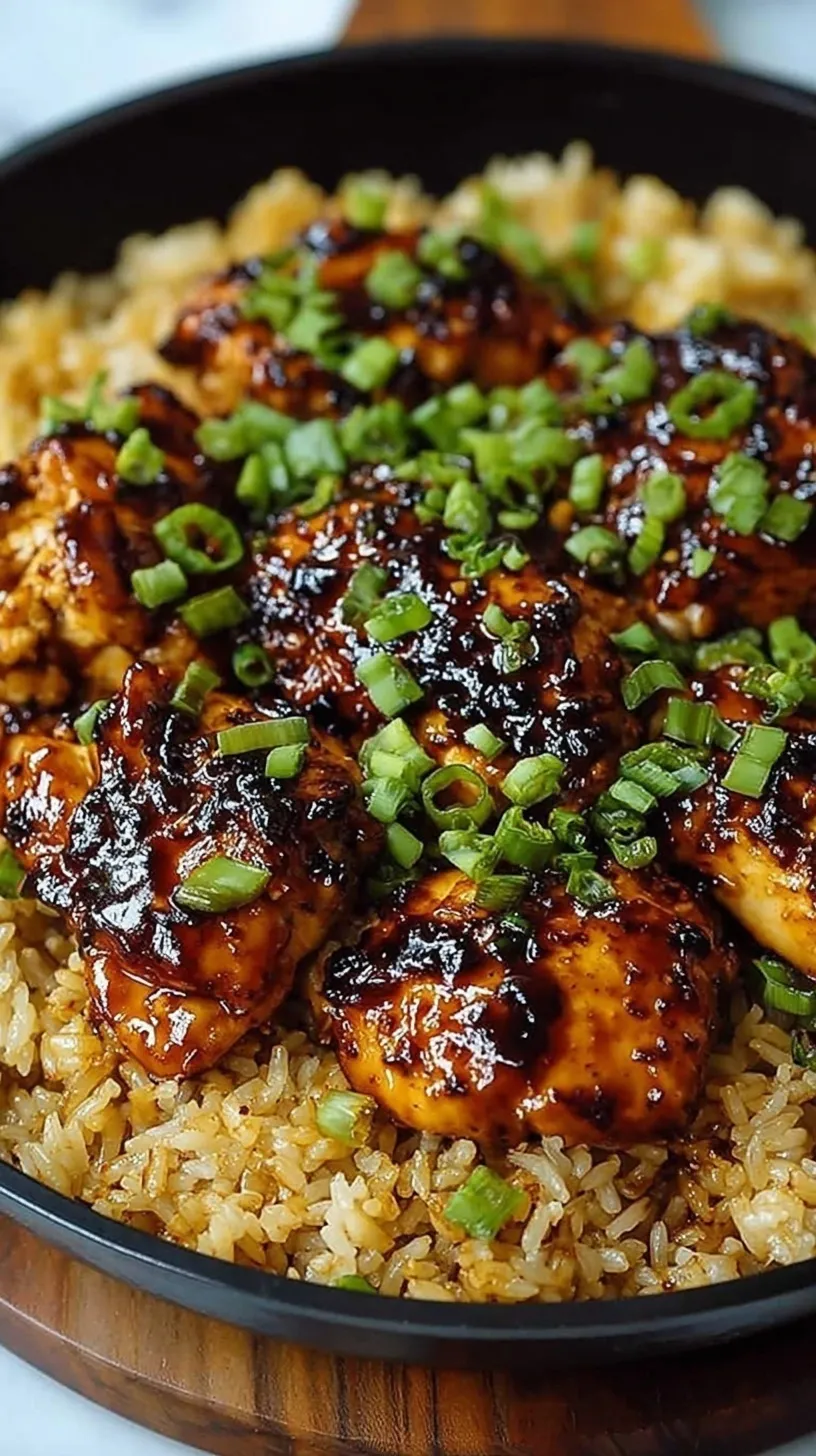 A bowl of glazed Honey BBQ chicken served over white rice with green onions and sesame seeds.