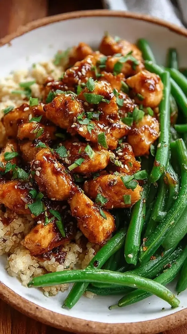 A skillet filled with honey garlic chicken pieces and vibrant green beans in a glossy brown sauce.