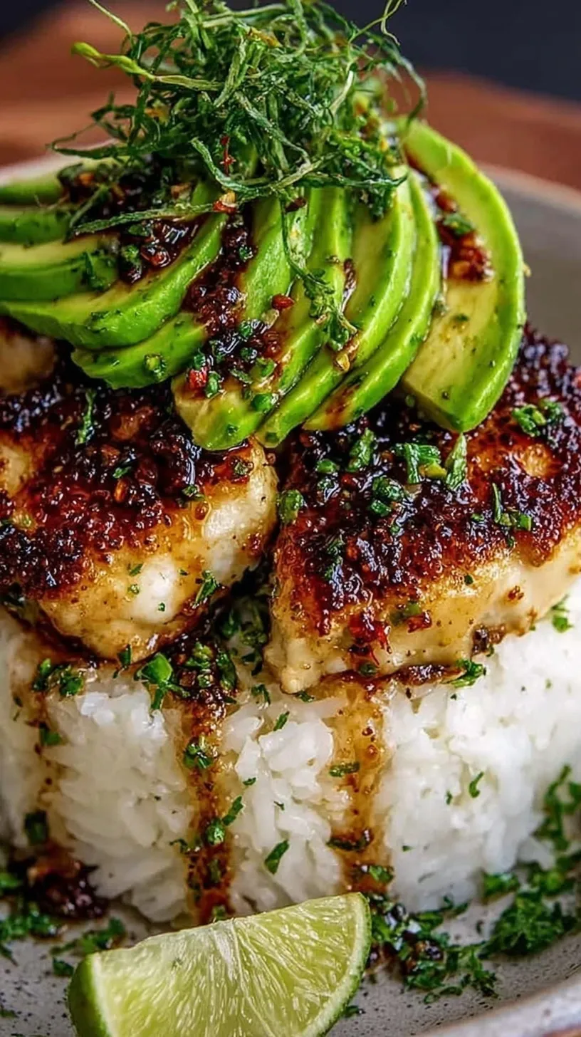 A beautiful layered stack of cilantro lime rice, diced avocado, and glazed honey lime chicken on a white plate.