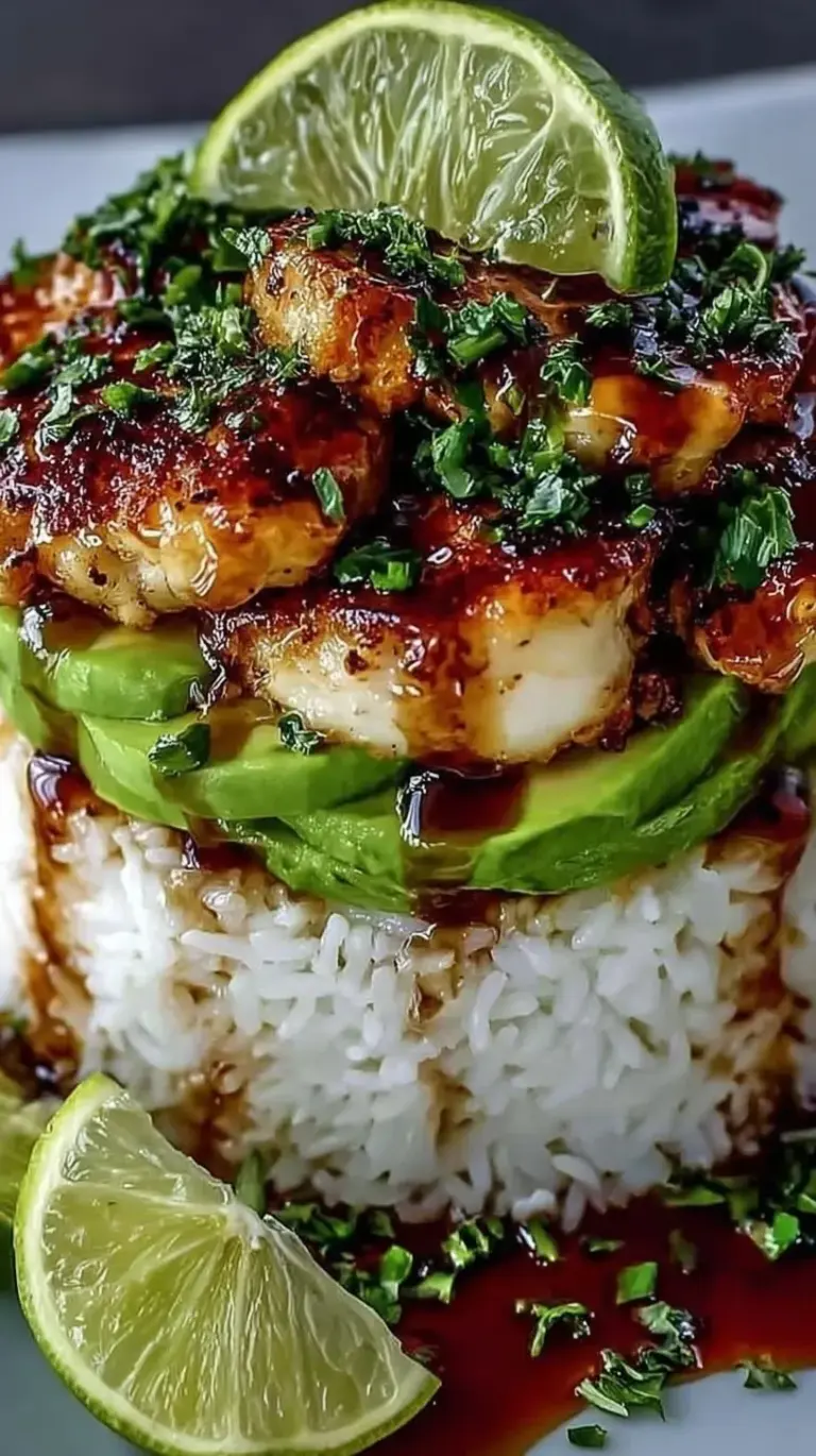 A beautiful cylindrical stack of cilantro lime rice, honey lime chicken, and diced avocado on a white plate.