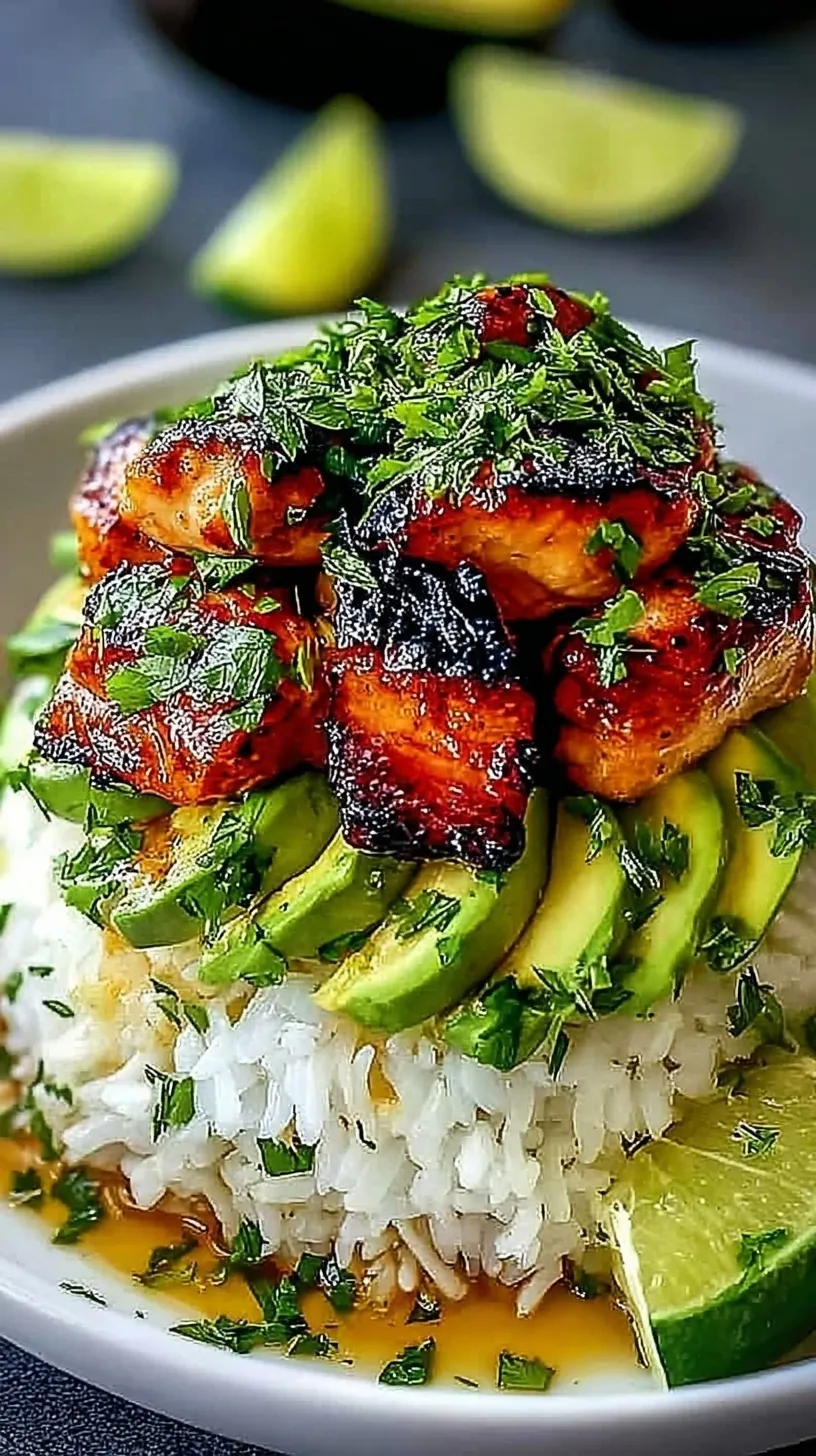 A vibrant bowl of honey lime glazed chicken over cilantro rice with diced avocado